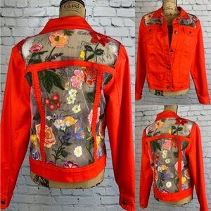 Upcycled Orange Jean Jacket with Flower Tulle Fabric